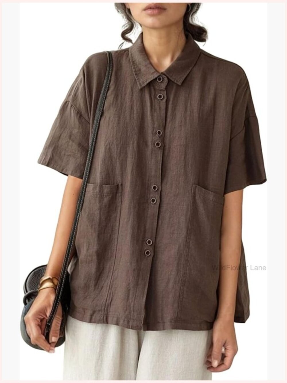 Linen Button Down Shirt for Women Casual Half Sleeve Blouses Summer Collared